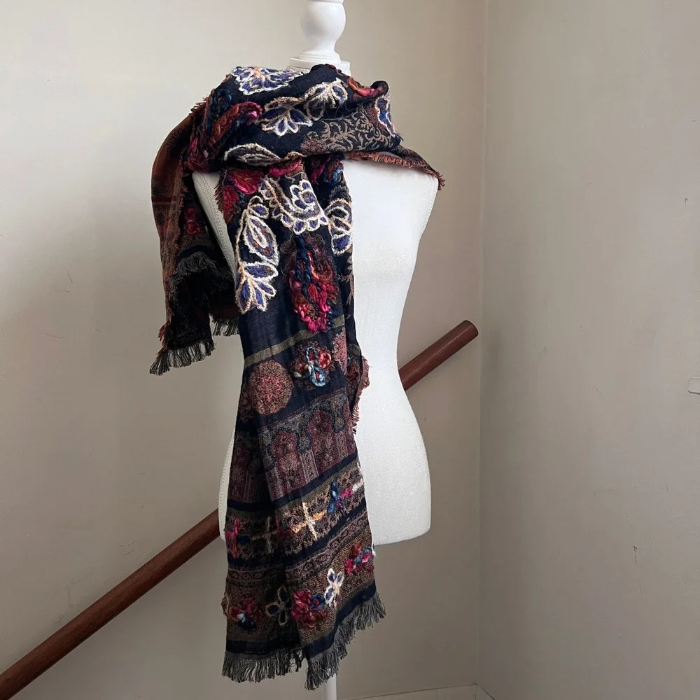 Vintage Boho Floral Tapestry Scarf Shawl Dark Artsy Forest Folk Chunky Wrap